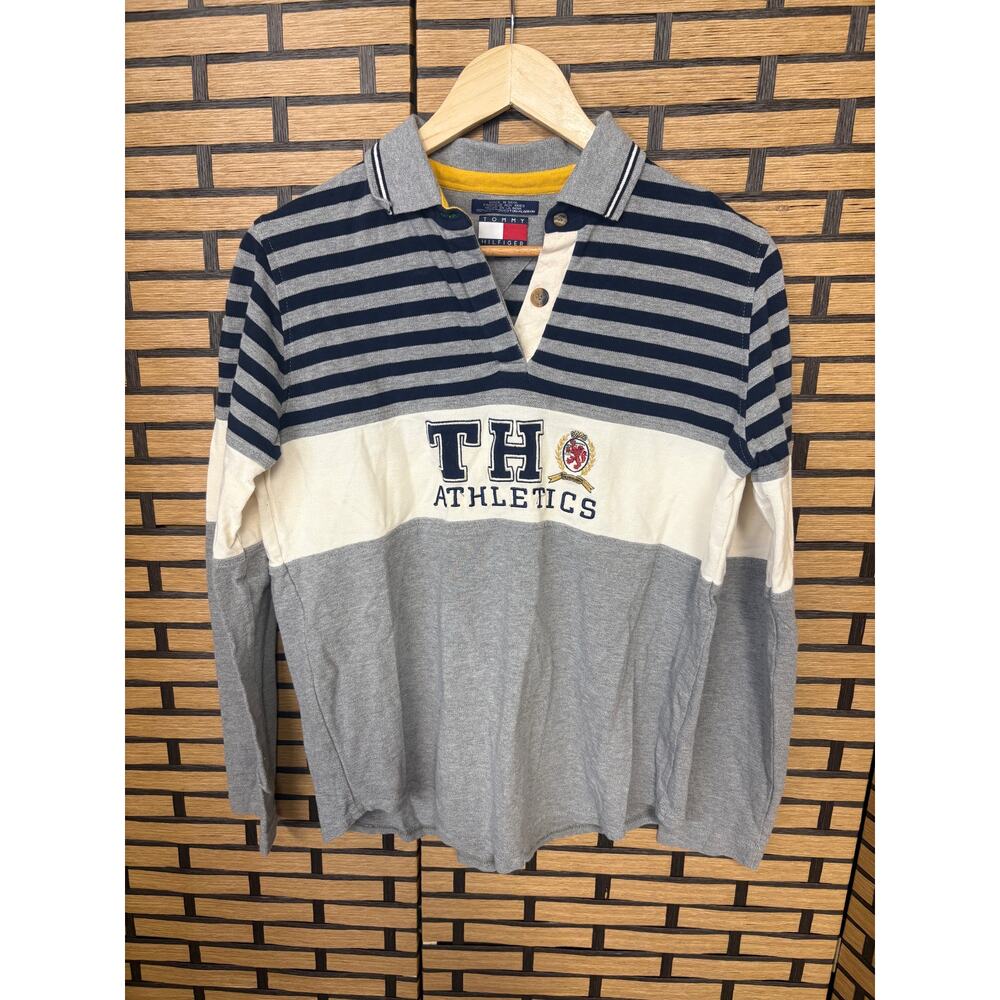 Tommy Hilfiger Athletics Blue And Gray Stripe Long Sleeve Polo Size Medium